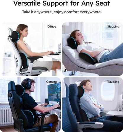 Collage of a massage chair in various settings with text 'Versatile Support for Any Seat'.