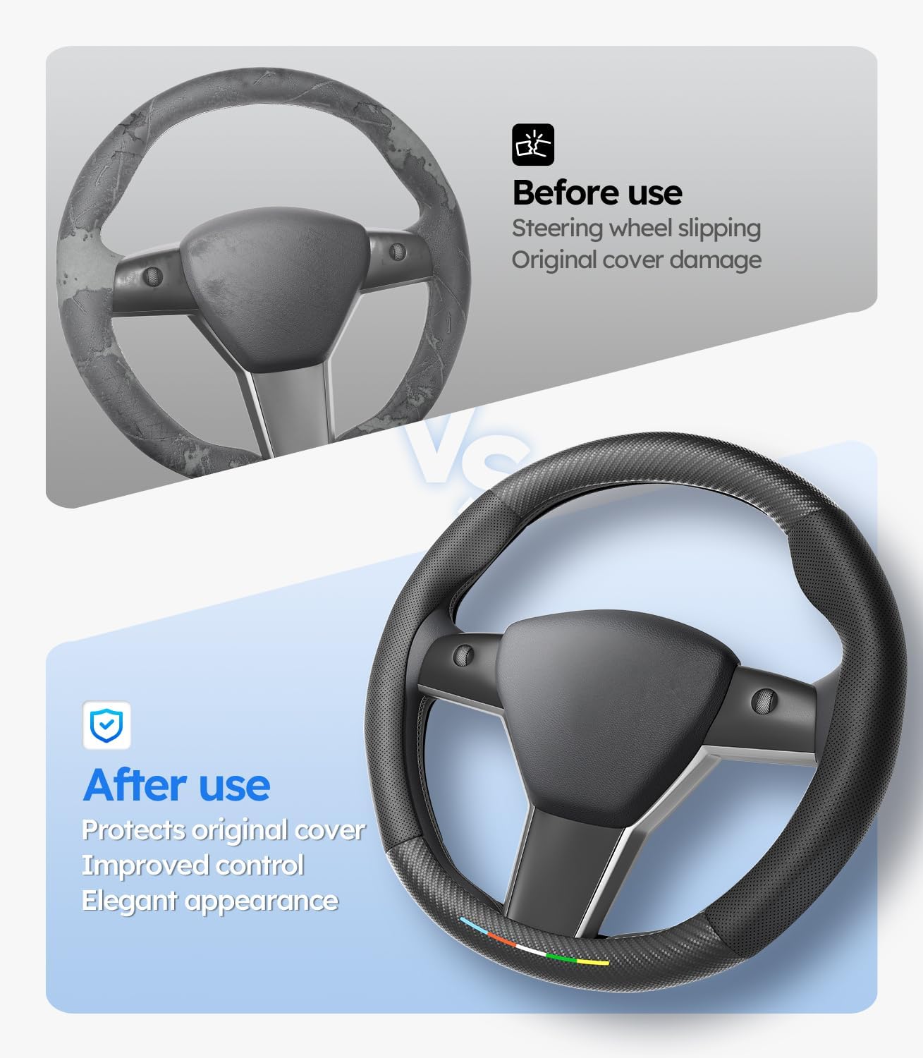 Steering wheel cover before and after use on a white background