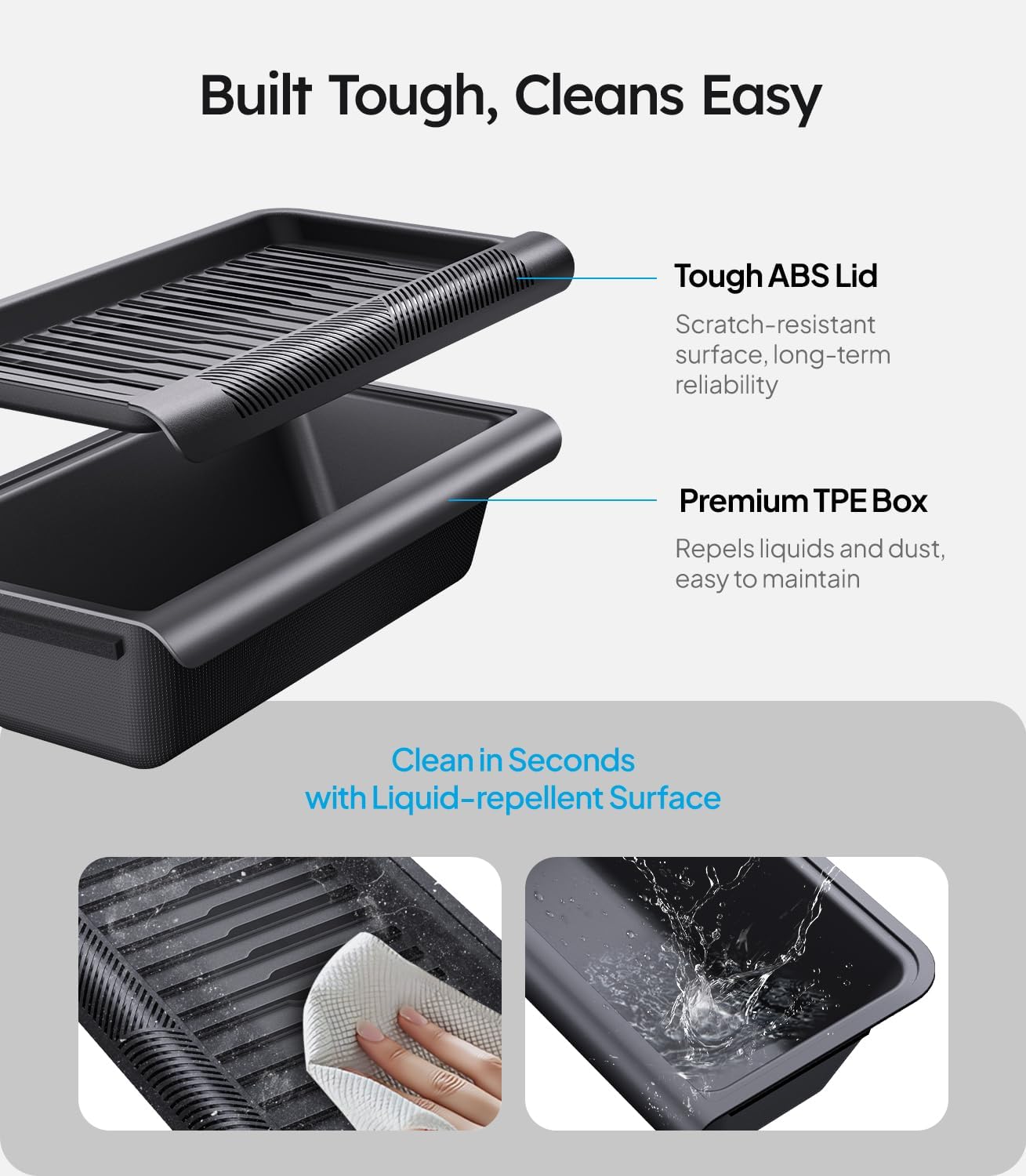Black tray with text highlighting its features on a white background