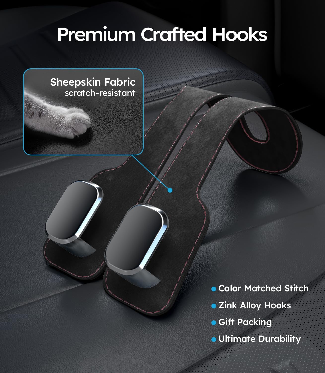 Sheepskin fabric car hook with scratch-resistant feature on a dark background