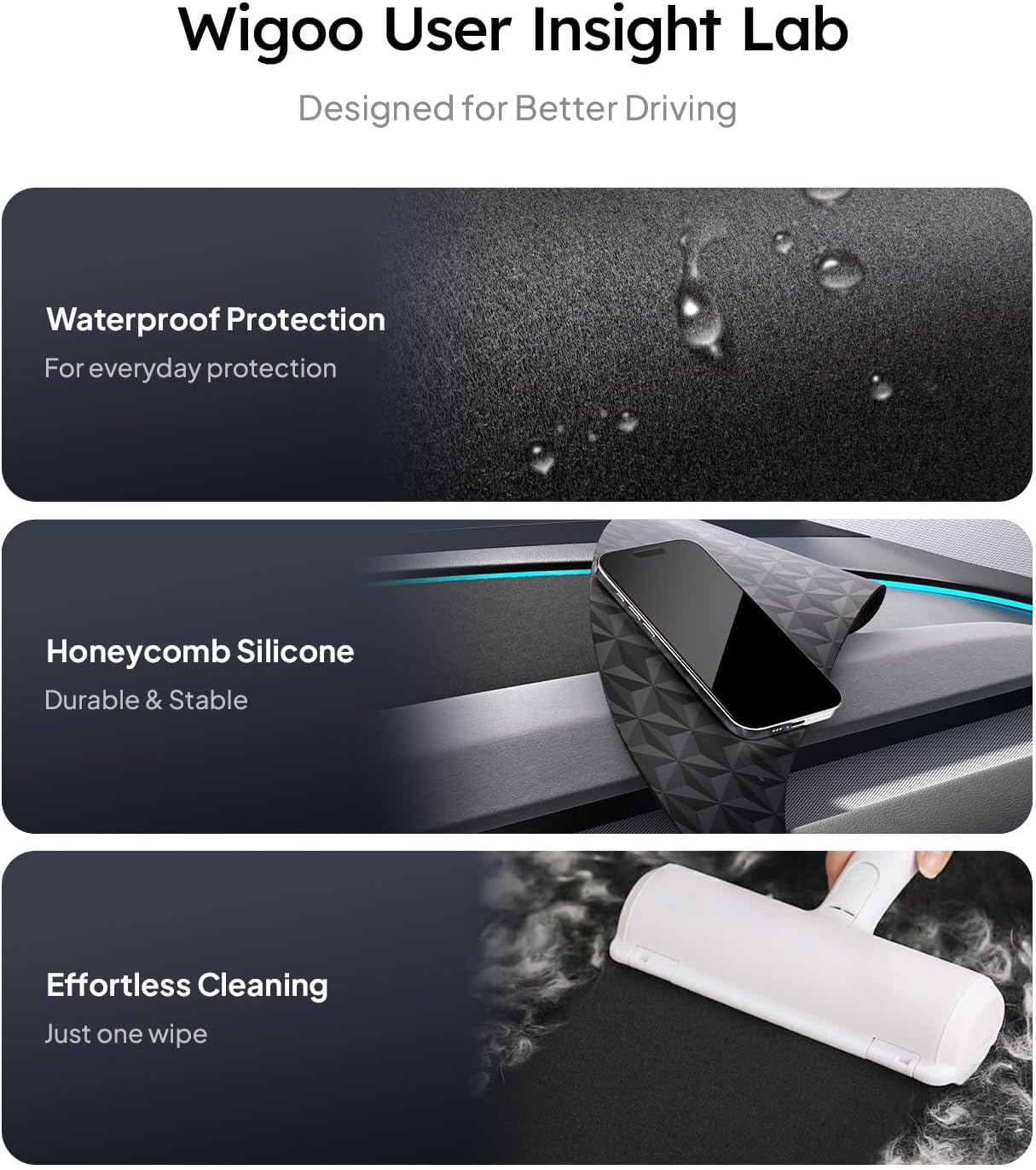 Wigoo User Insight Lab features with waterproof protection, honeycomb silicone, and effortless cleaning on a dark background.