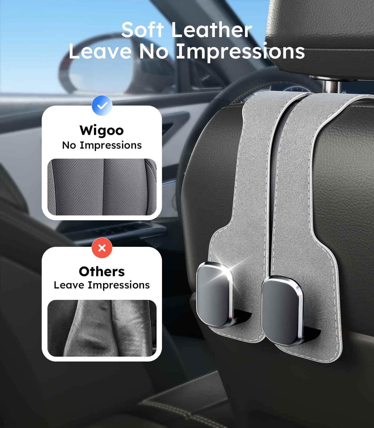 Car headrest phone holder with soft leather design on a car interior background