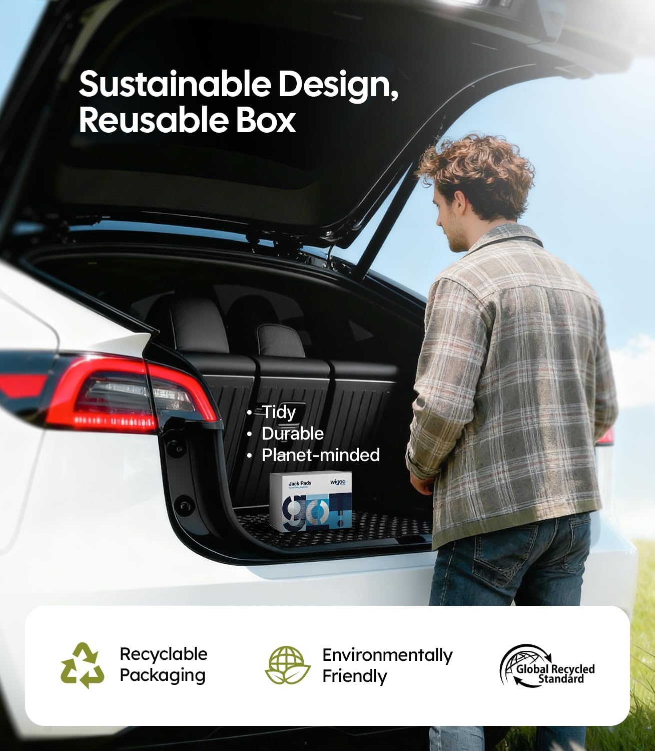 Man opening a car trunk with a reusable box labeled 'Sustainable Design, Reusable Box'.