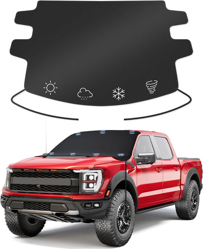 Black windshield cover with weather symbols on a white background, displayed over a red pickup truck.
