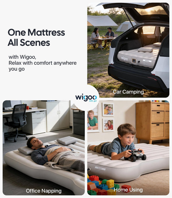 Collage of a Wigo mattress used in various settings including car camping, office napping, and home use.