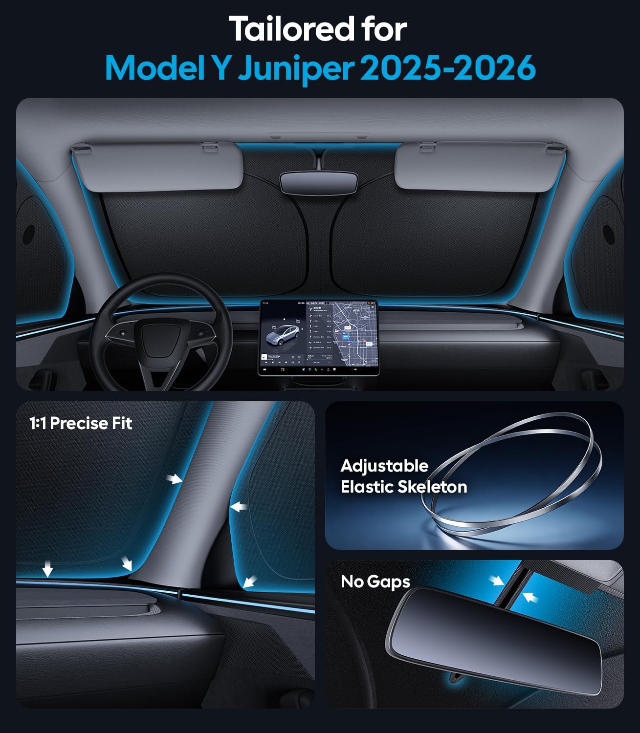 Car interior with features highlighted for Model Y Juniper 2025-2026, including precise fit, adjustable skeleton, and no gaps.