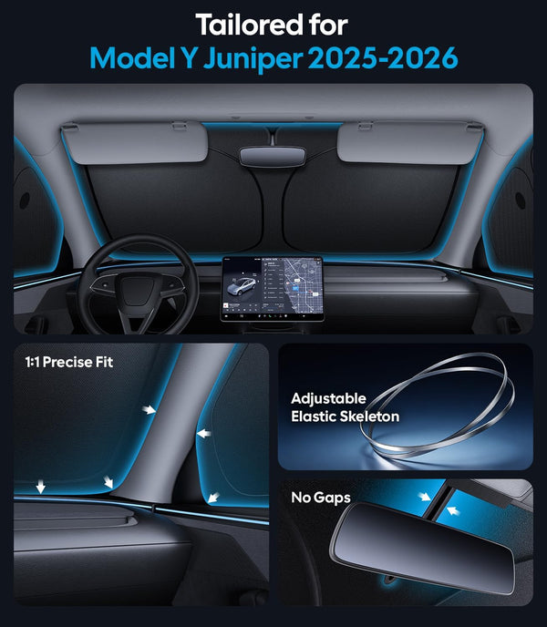 Car interior with features highlighted for Model Y Juniper 2025-2026, including precise fit, adjustable skeleton, and no gaps.