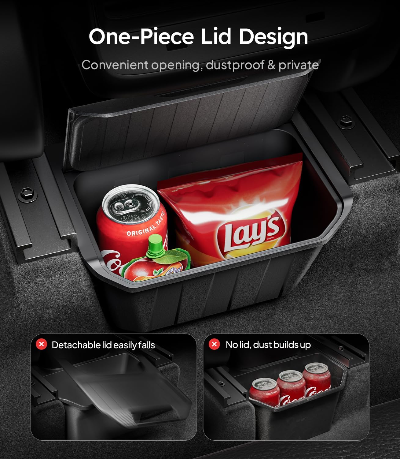 Car storage bin with a one-piece lid design, containing snacks and drinks.