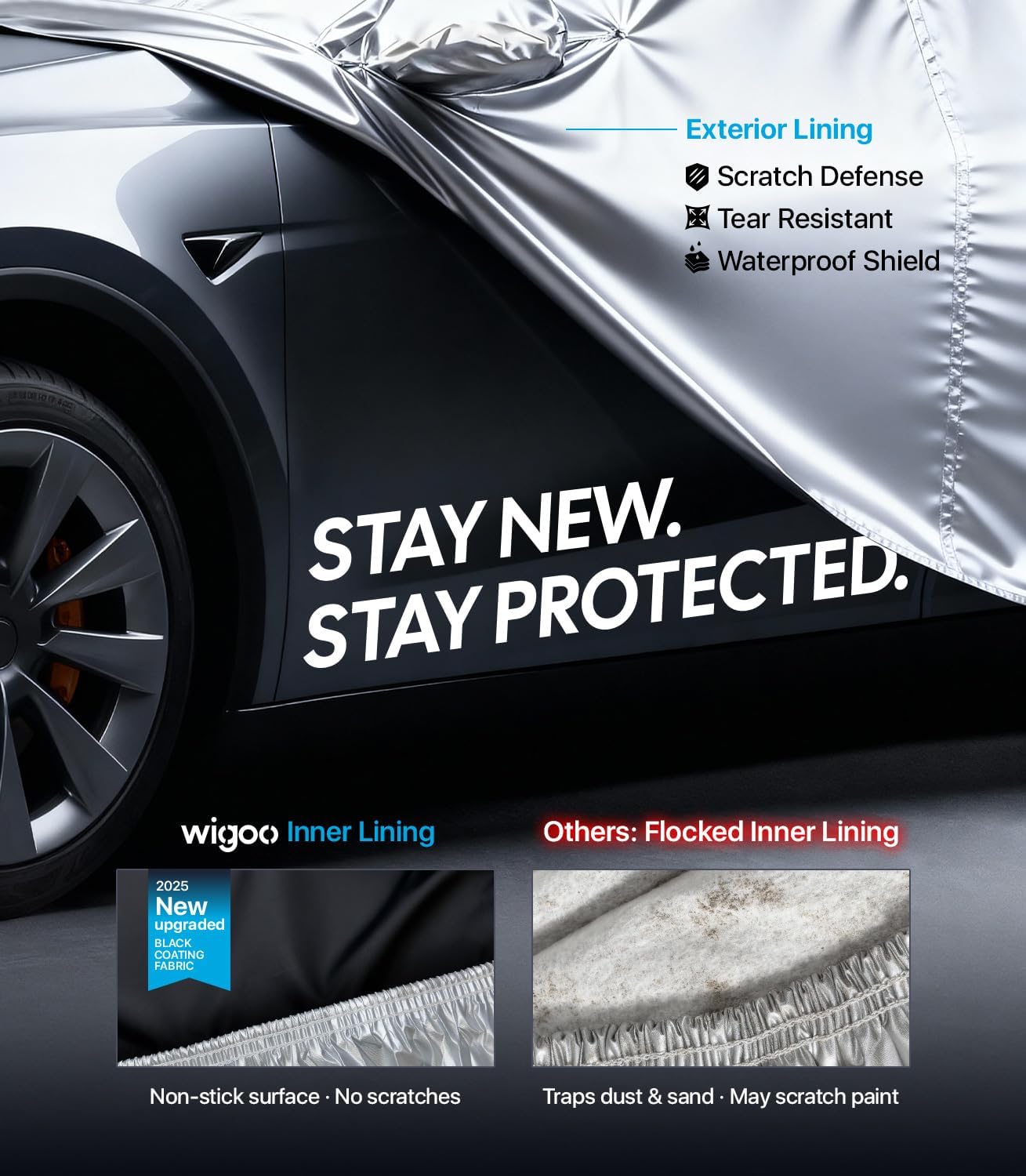 Car with protective lining showing features like scratch defense and tear resistance.