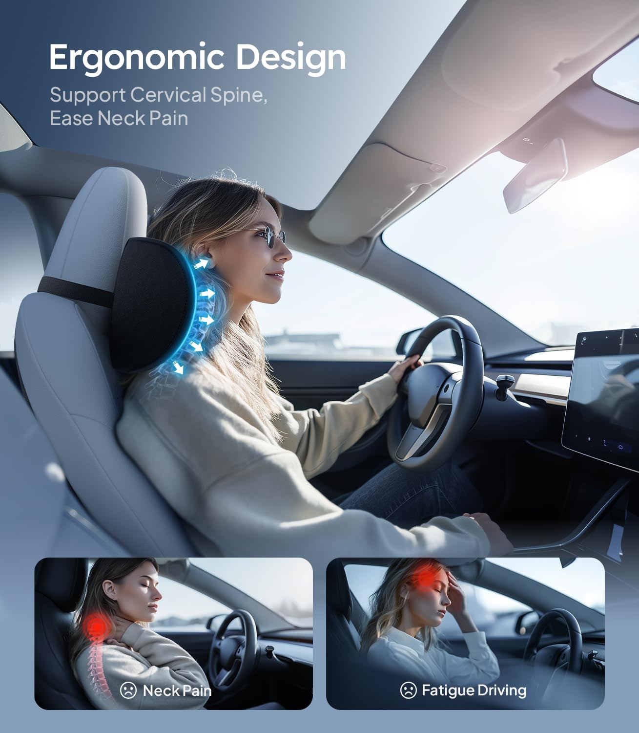 Woman using a car neck pillow with ergonomic design features, shown in a car interior.
