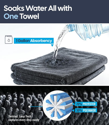 Gray towel absorbing water with text highlighting its absorbency and material composition.