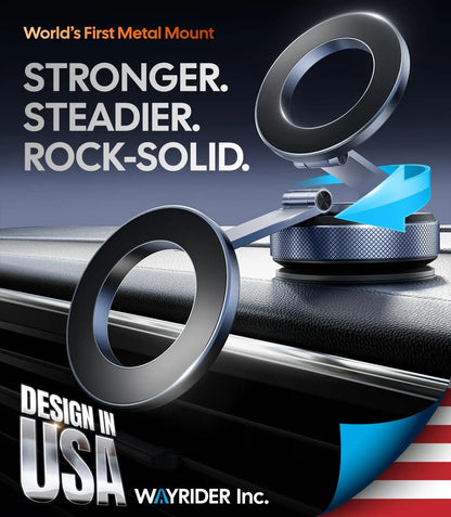 Advertisement for Wayrider Inc. metal mount with text 'World's First Metal Mount' and 'Design in USA'.