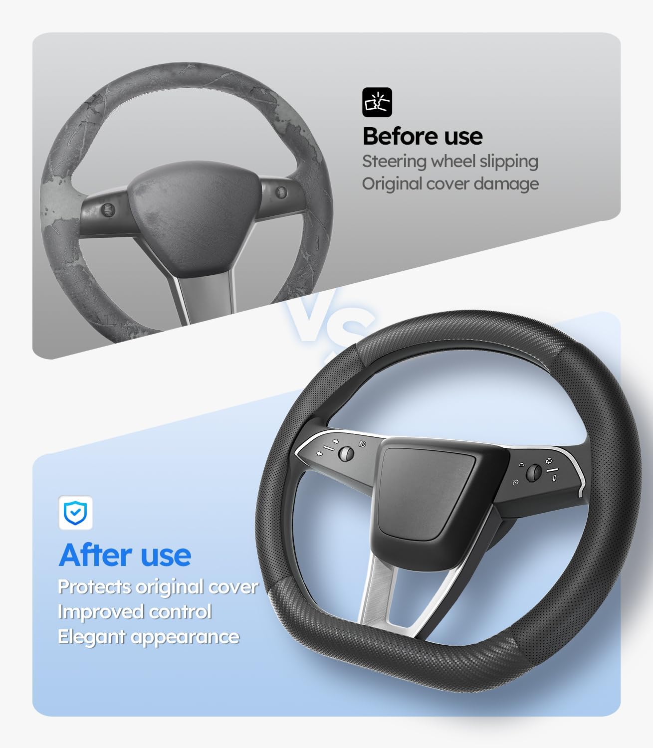 Steering wheel cover before and after use on a white background
