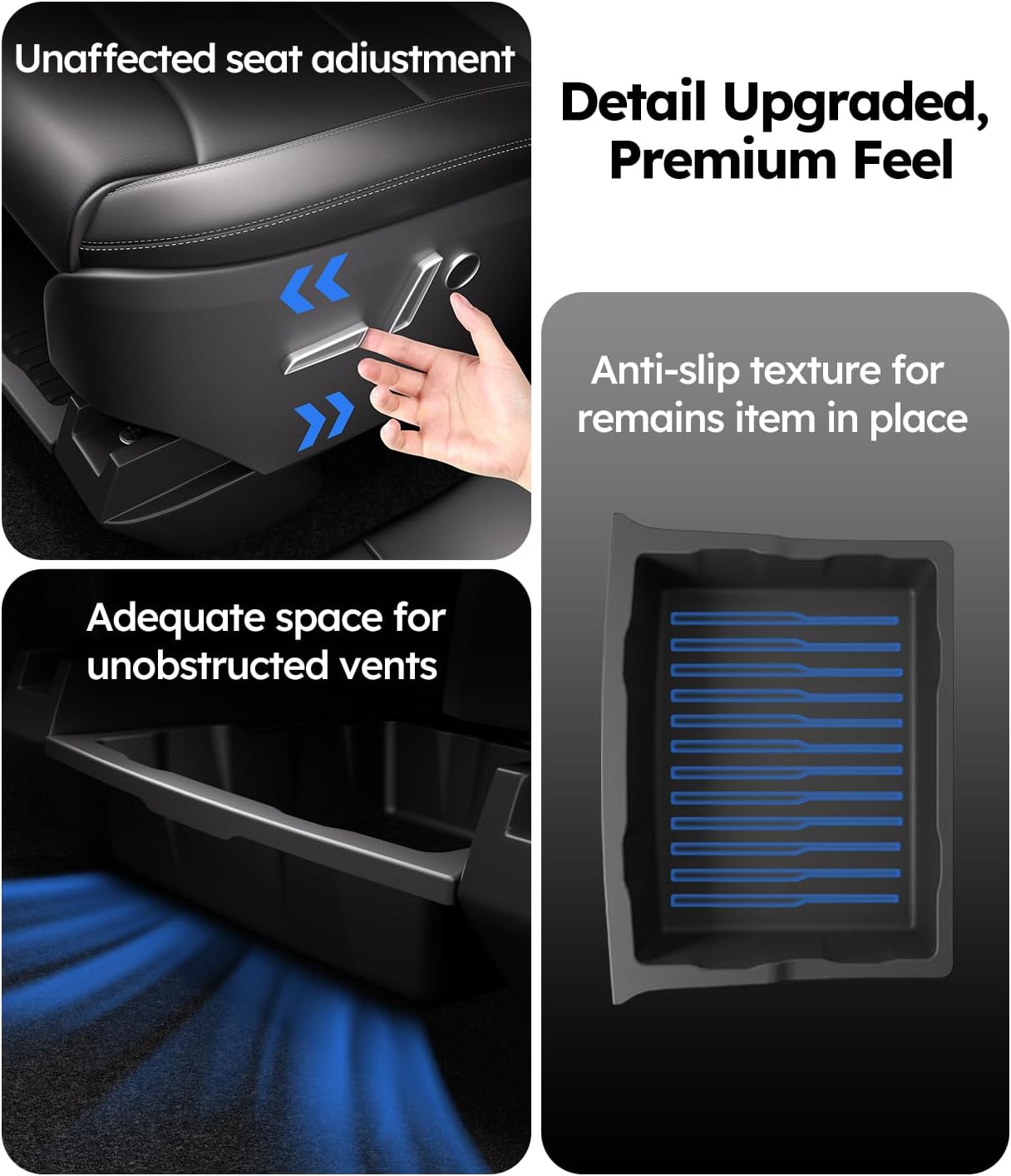 Car console organizer with text highlighting features like seat adjustment, anti-slip texture, and adequate space for vents.