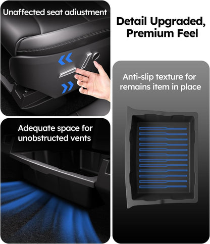 Car console organizer with text highlighting features like seat adjustment, anti-slip texture, and adequate space for vents.