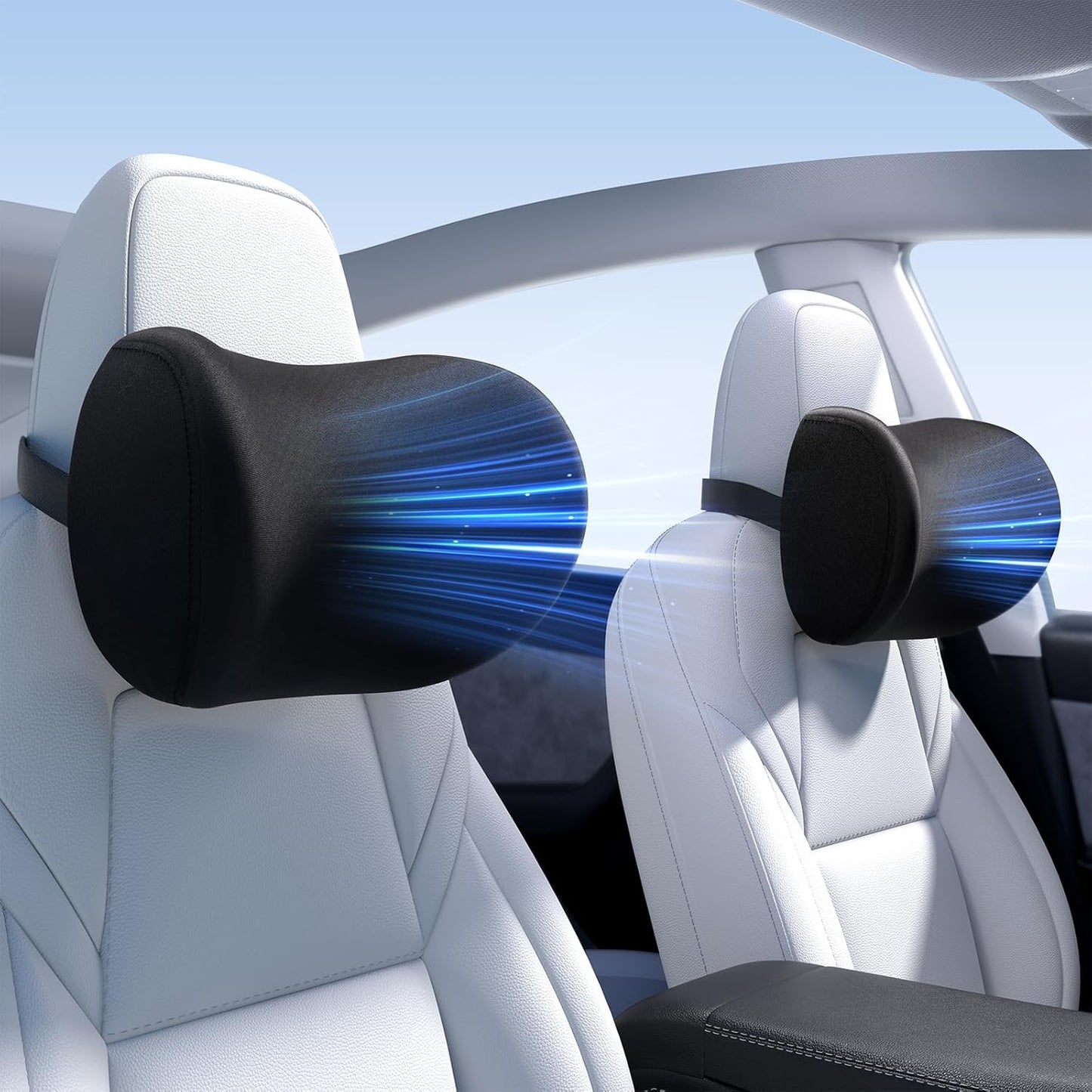 Black car headrest pillows with blue light effect in a car interior.