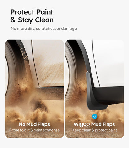 Wigoo mud flap product showing before and after effects on a car tire.
