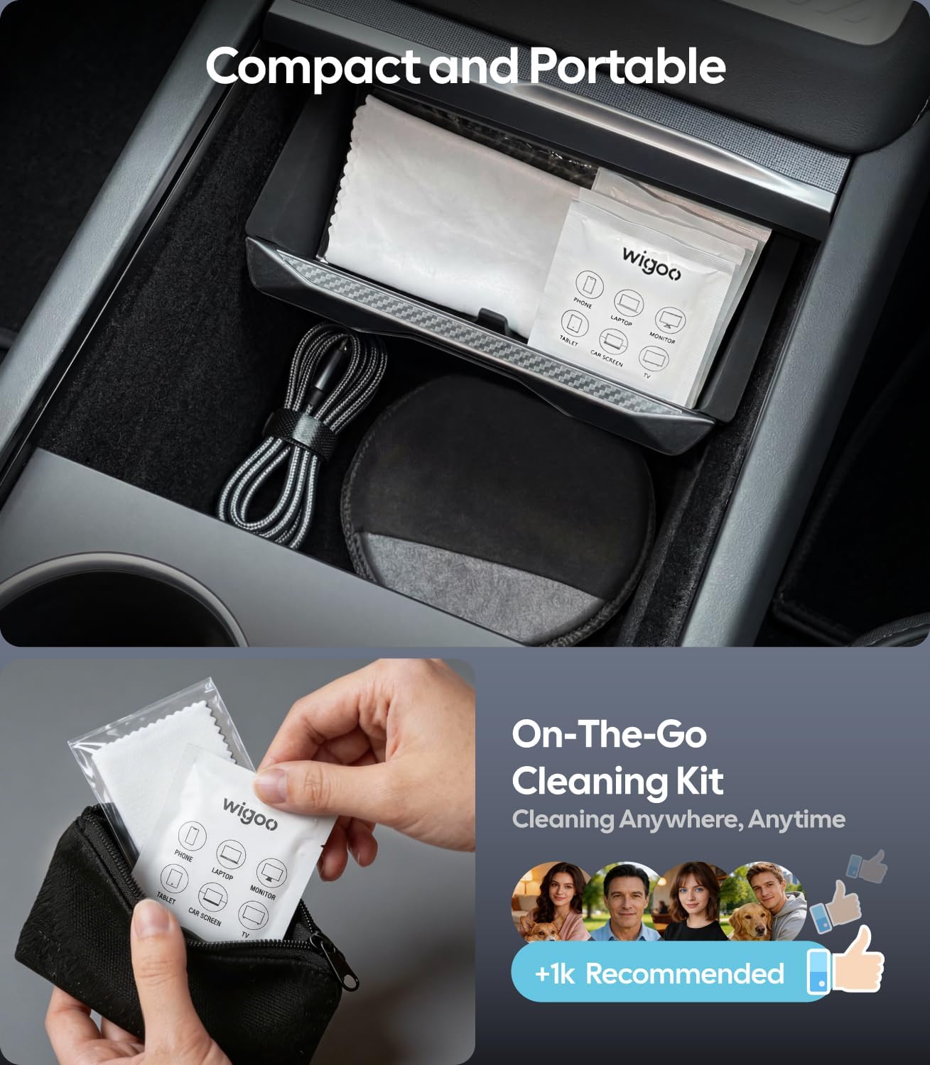 Wigoo Car Screen Cleaner Wipes [Alcohol-Free, Streak-Free] Auto Touchscreen Wipes for Computer, Laptop, Phone, ipad, Individually Wrapped 52 Count + Microfiber Pad & Cloth WIGOO
