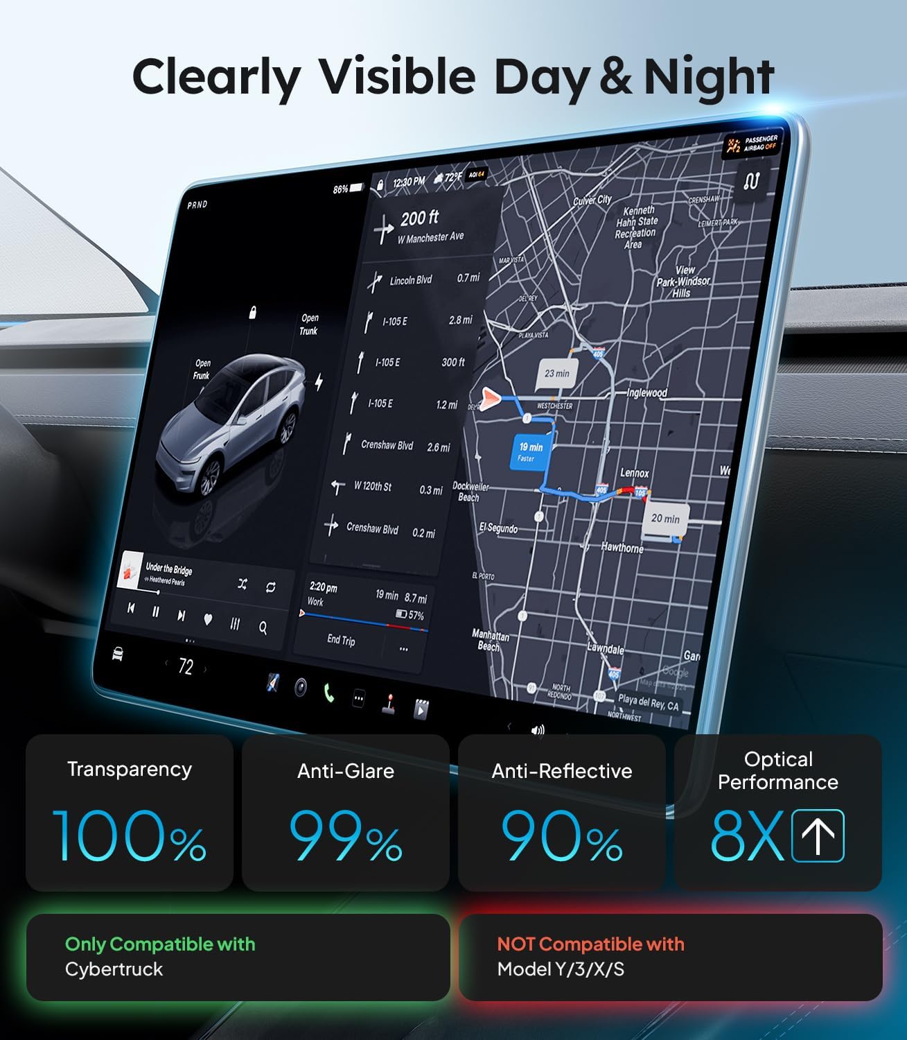 Car dashboard display with navigation map and vehicle information, featuring compatibility and performance details.
