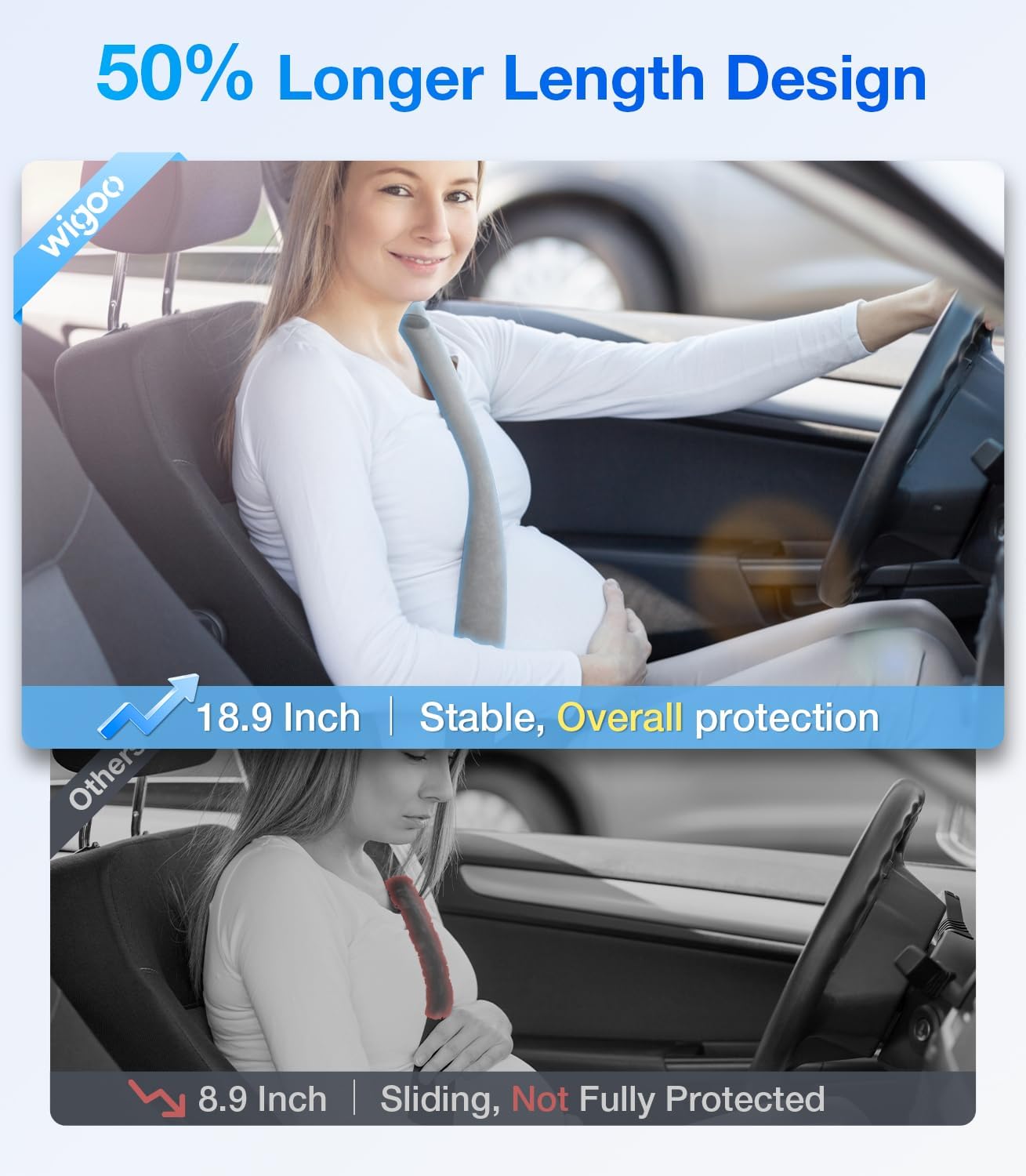 Woman sitting in a car with a child seat, highlighting design features.