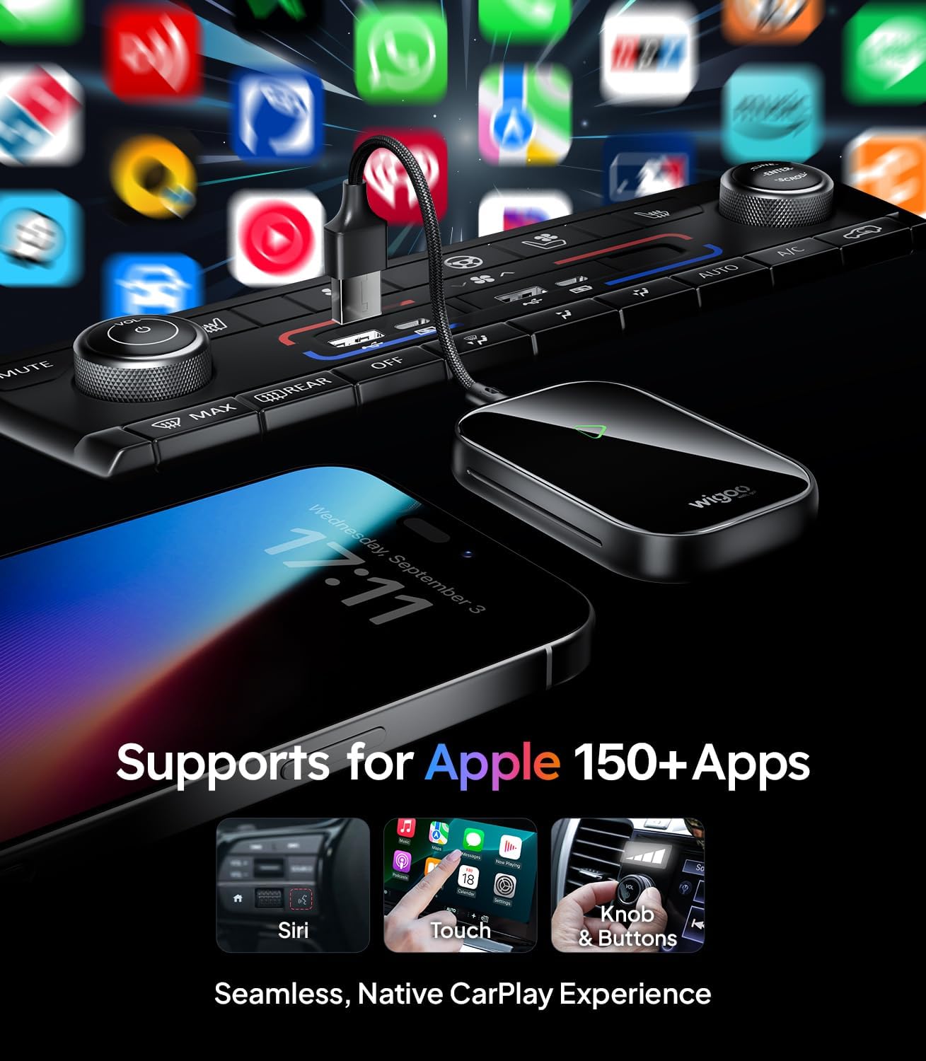 Car multimedia system with smartphone, car dashboard, and app icons on a black background