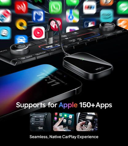 Car multimedia system with smartphone, car dashboard, and app icons on a black background