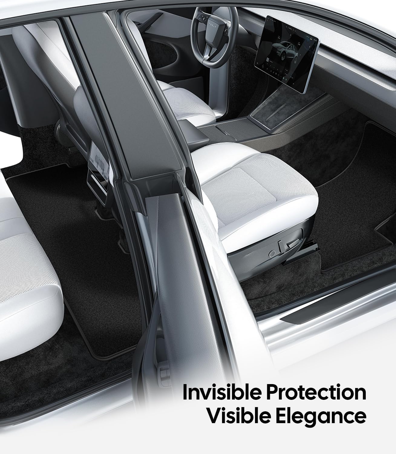 Car interior with a focus on the door and seat area, featuring text 'Invisible Protection Visible Elegance'.