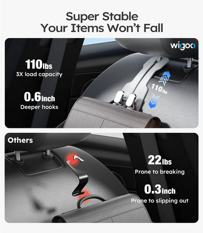 Car hook with wigoo branding showing load capacity and stability features.