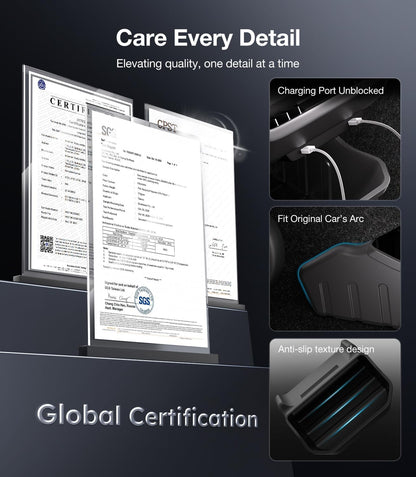 Product display with certification documents and features on a dark background
