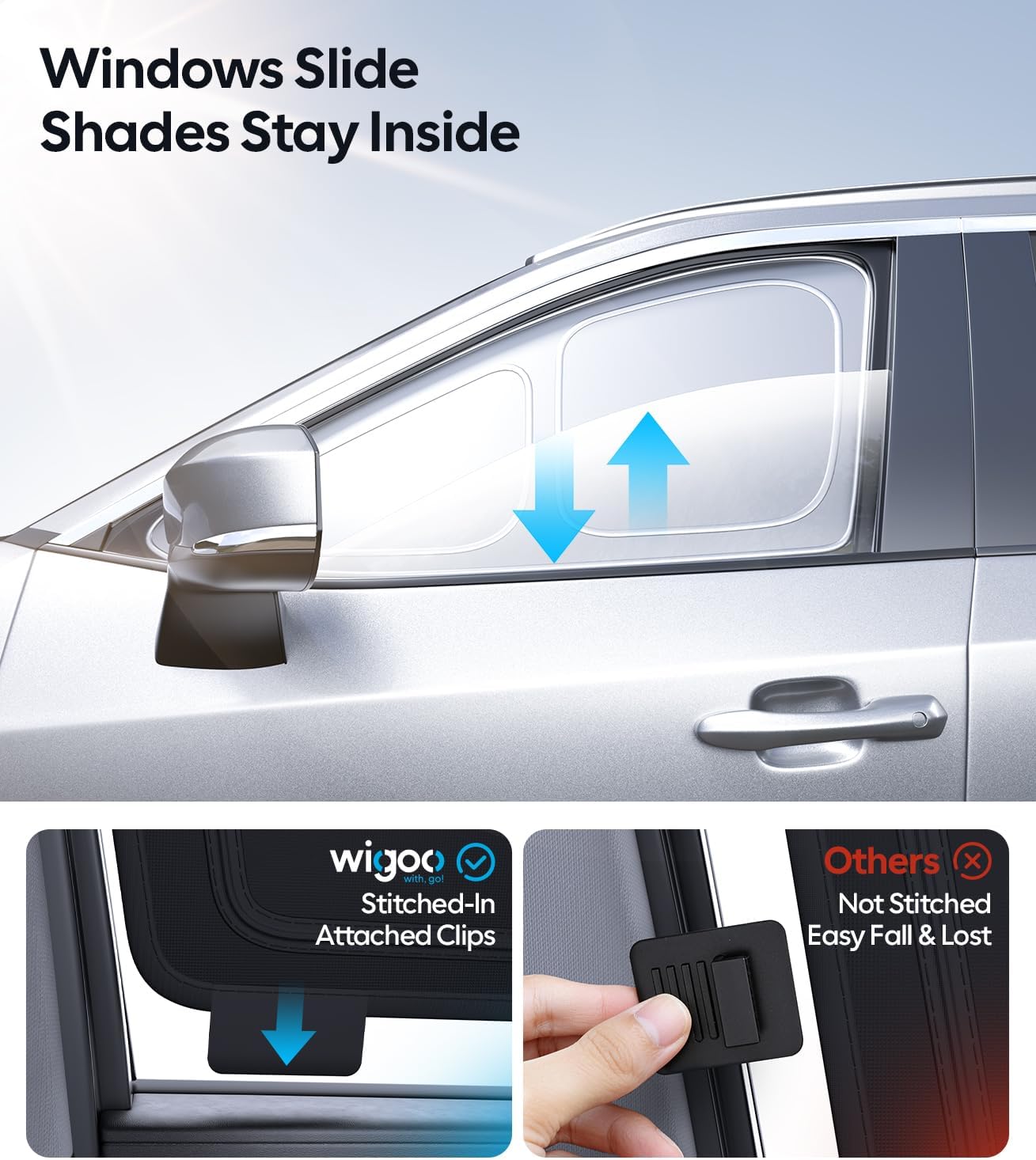 Car window shade with stitching-in attached clips and comparison to other shades.