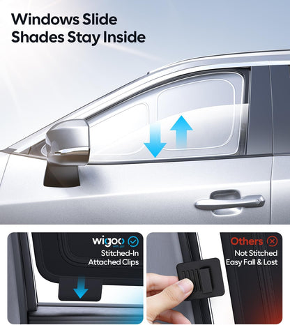 Car window shade with stitching-in attached clips and comparison to other shades.