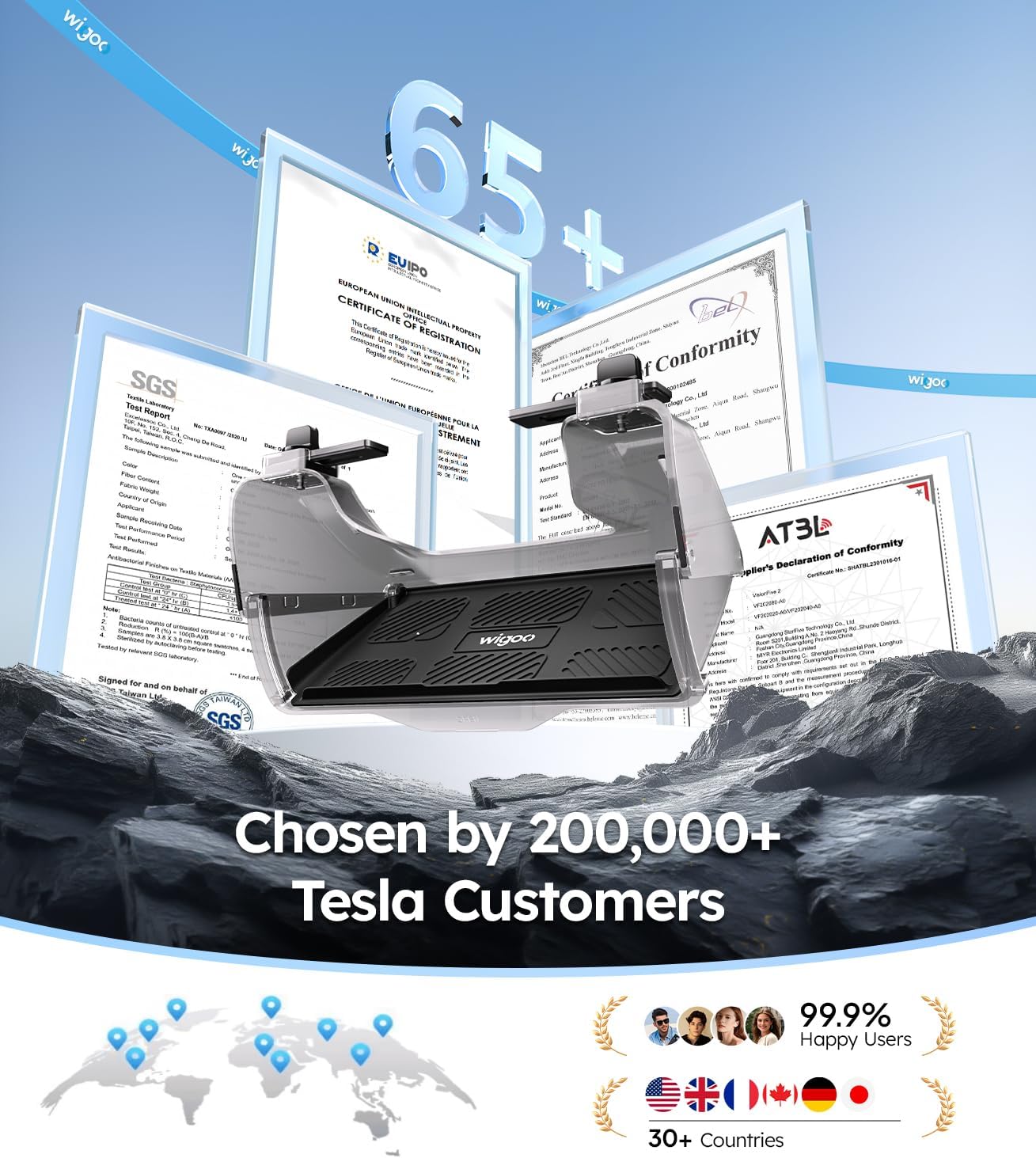 Product with certification documents and text about Tesla customers on a mountainous background