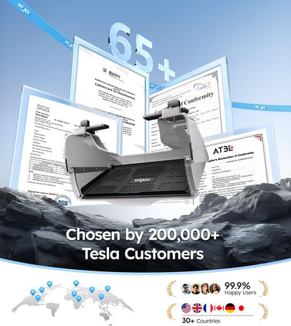 Product with certification documents and text about Tesla customers on a mountainous background