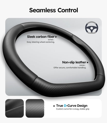 Steering wheel cover with carbon fiber and leather features on a gray background