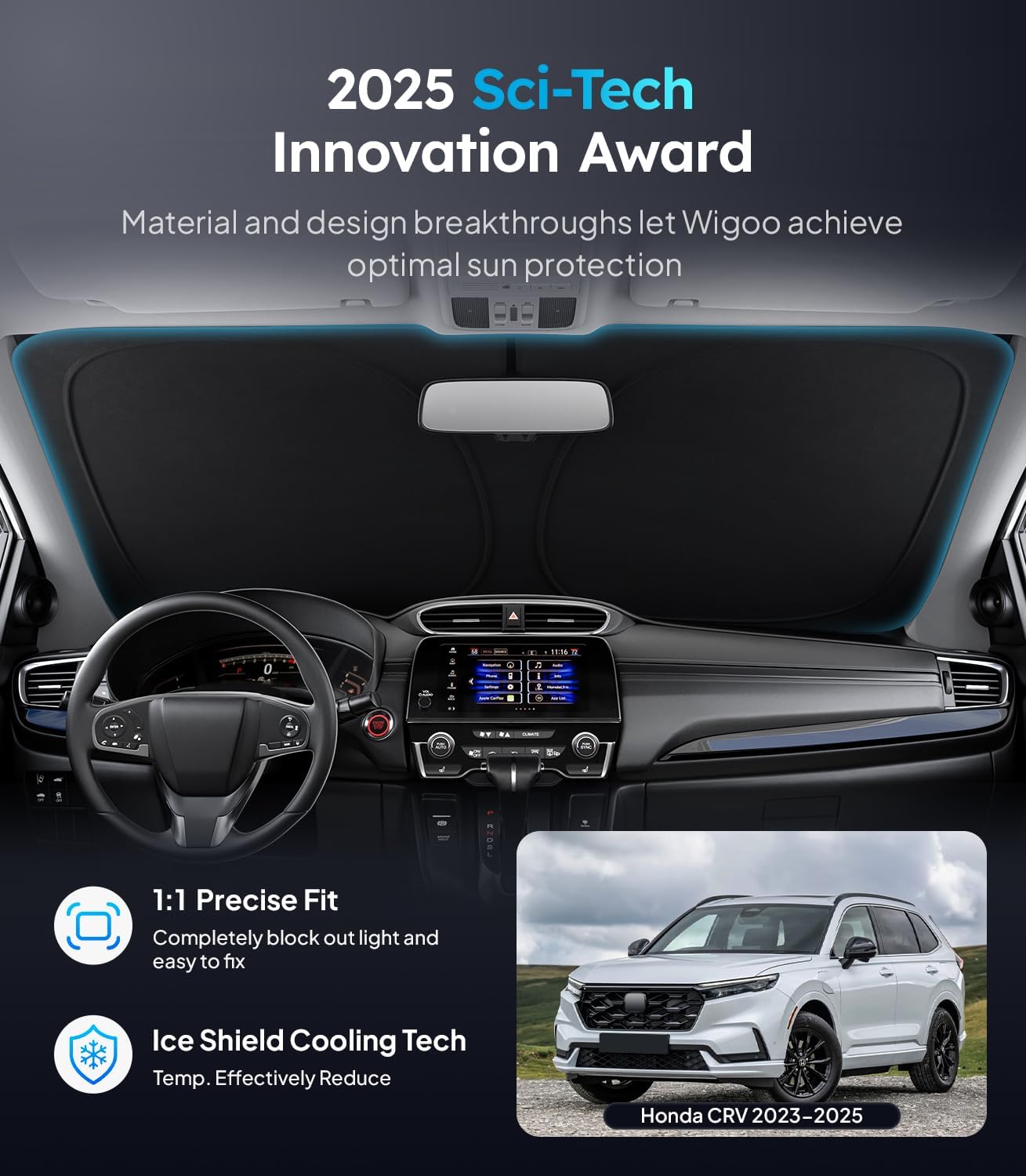 Car dashboard with sunshade and text about 2025 Sci-Tech Innovation Award for Wigoo sunshade