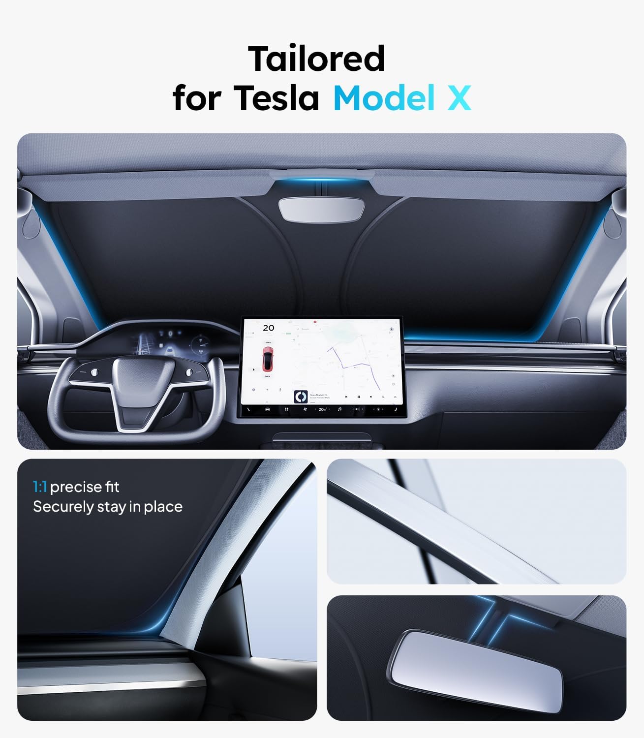 Car interior with a screen and dashboard, tailored for Tesla Model X.