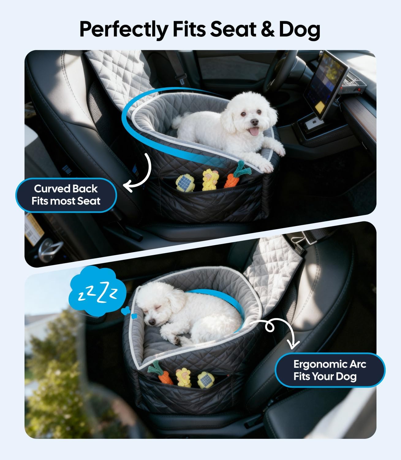 Dog car seat with curved back and ergonomic arc design, suitable for most seats and dogs.