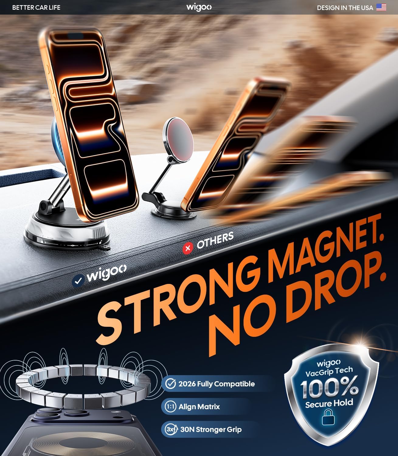 Wigoo 2026 Upgraded Car Phone Holder for Magsafe [98LBS Suction & 3000gf Magnetic] 360° Adjustable Car Mount, Cell Phone Holders for Your Car, for iPhone 17 Pro Max 16 15 14 13 12 Plus, Carbon Fiber WIGOO