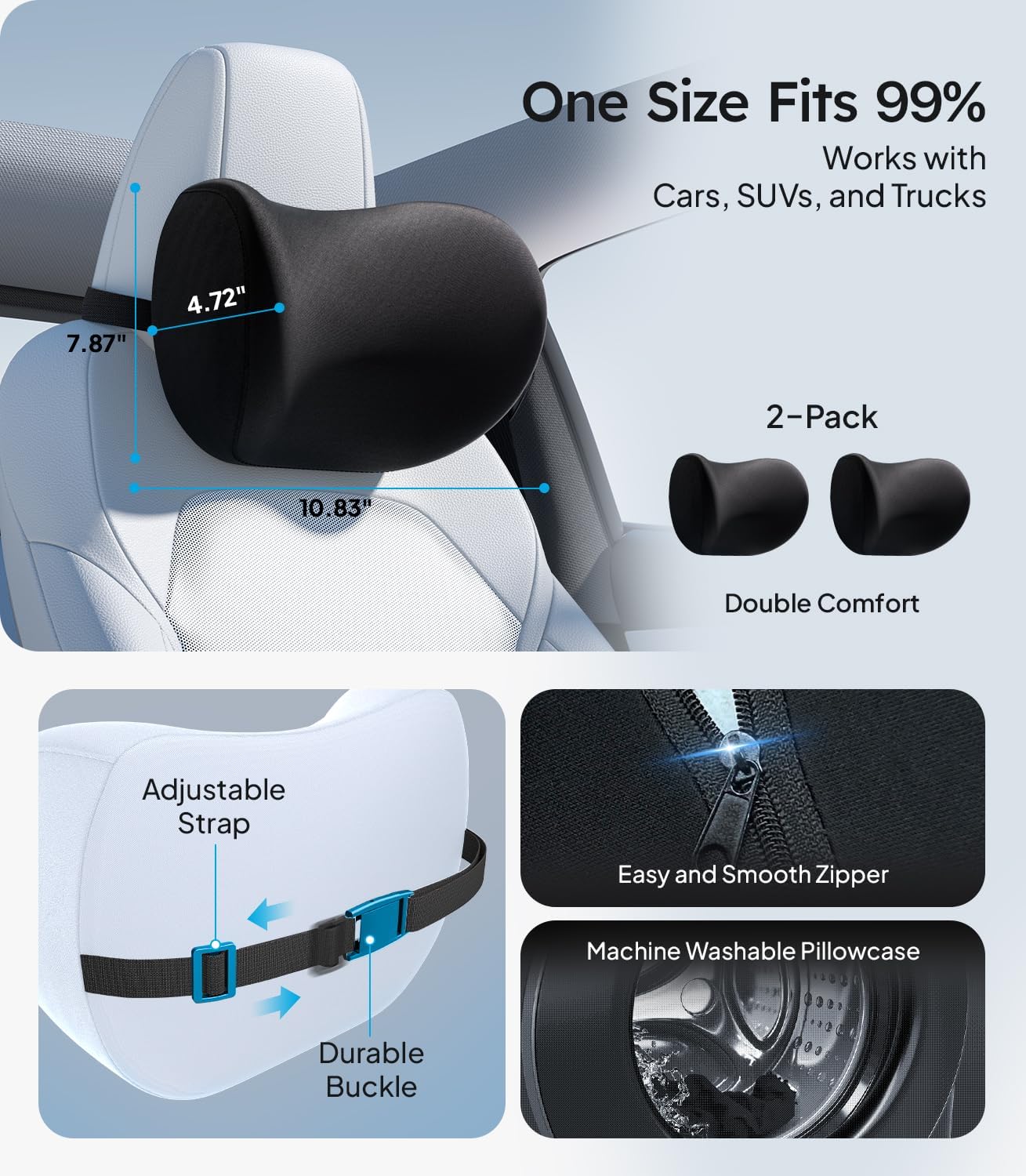 Car headrest cover with features highlighted on a gray background