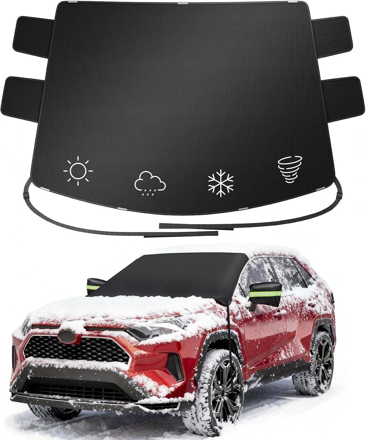 Car windshield cover with icons and a red SUV covered in snow.