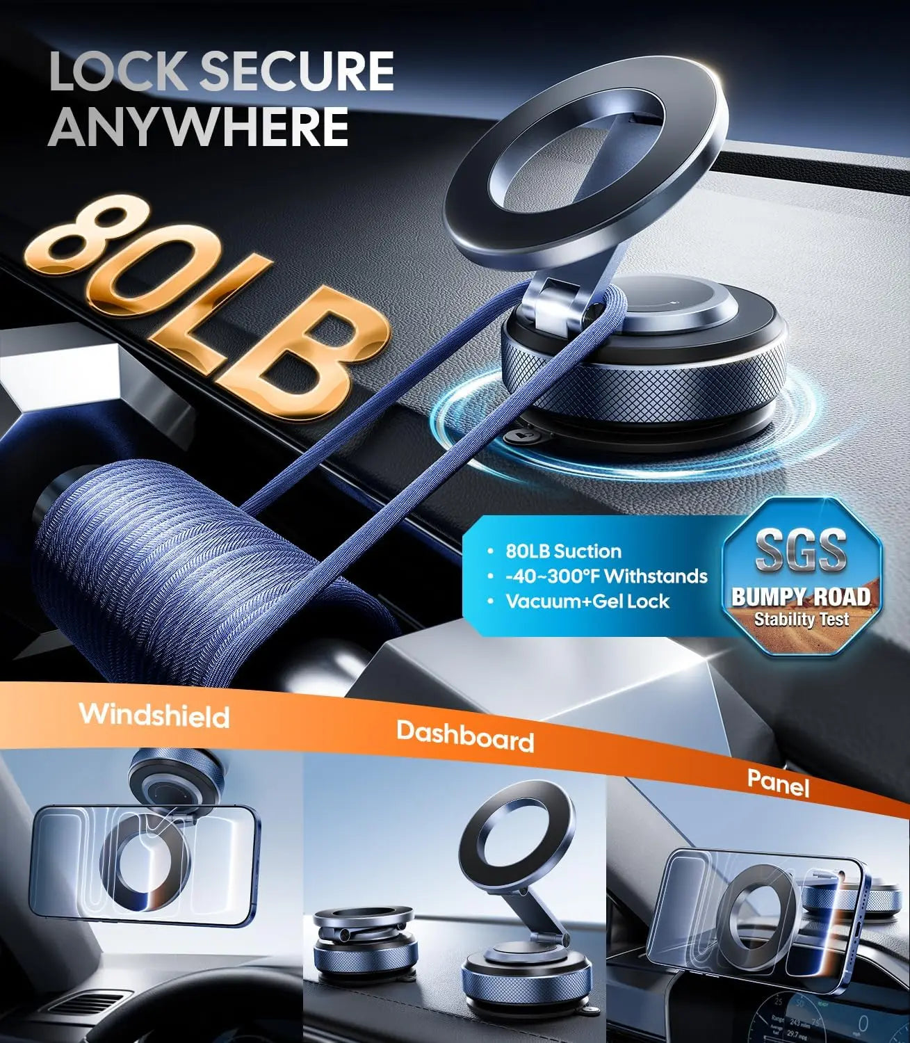 Lock Secure Anywhere product with 80LB branding and SGS certification on a dark background.