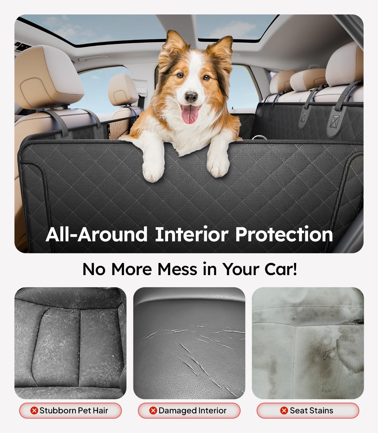Pet car seat cover with a dog inside, highlighting all-around interior protection for cars.