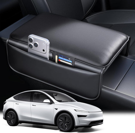Car armrest organizer with phone holder and USB port, next to a white car.