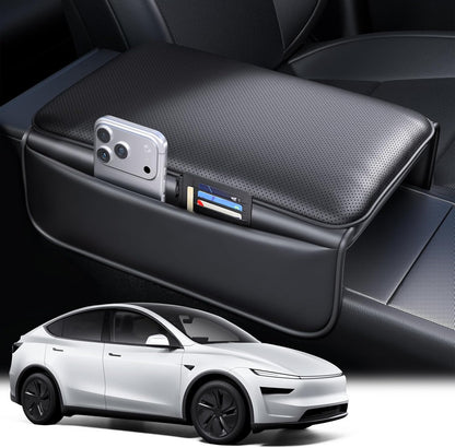 Car armrest organizer with phone holder and USB port, next to a white car.