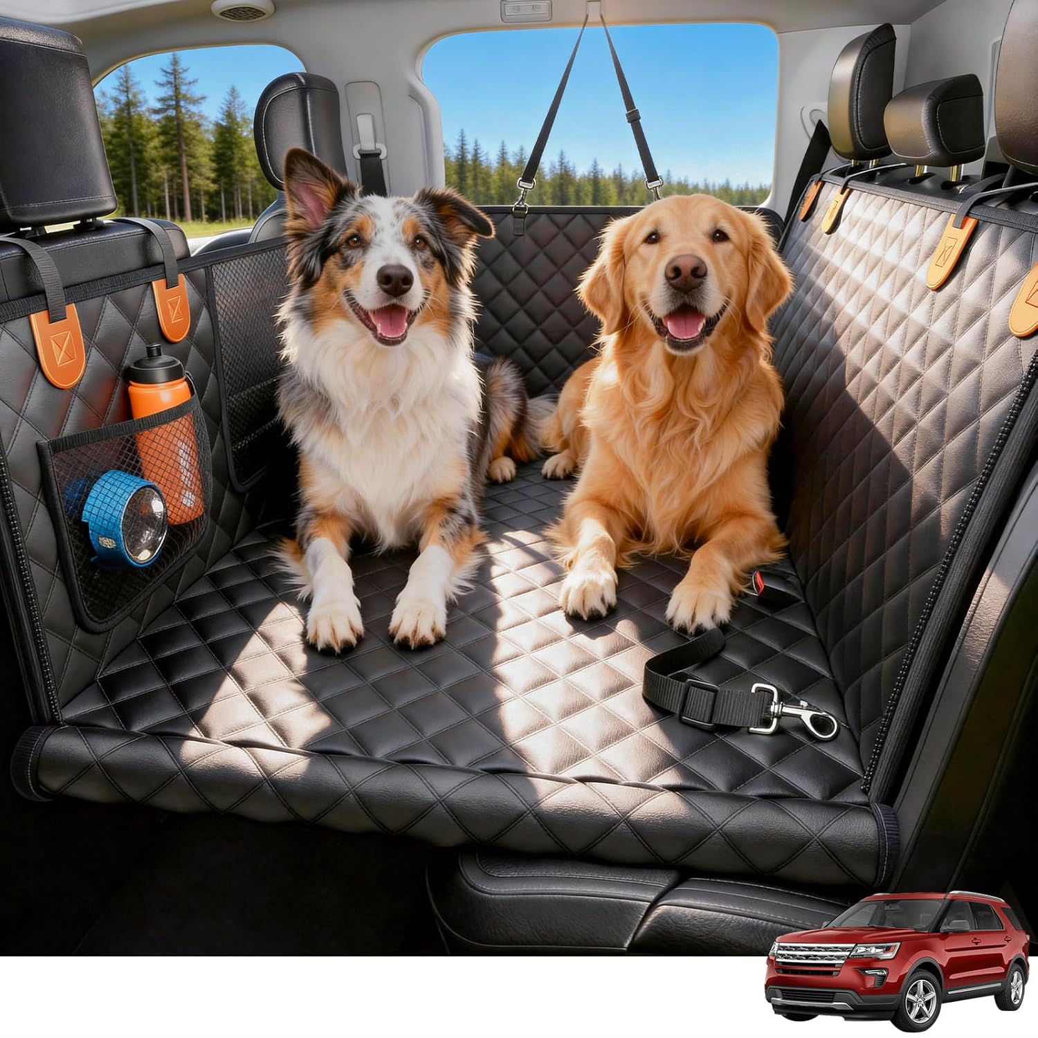 Two dogs sitting on a car bench seat cover with a red SUV in the corner.