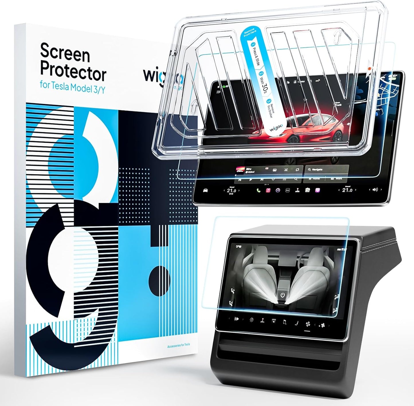 Car infotainment screen protector with packaging and a sample application on a screen.