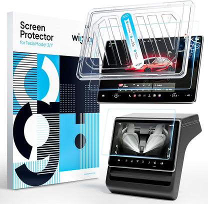 Car infotainment screen protector with packaging and a sample application on a screen.