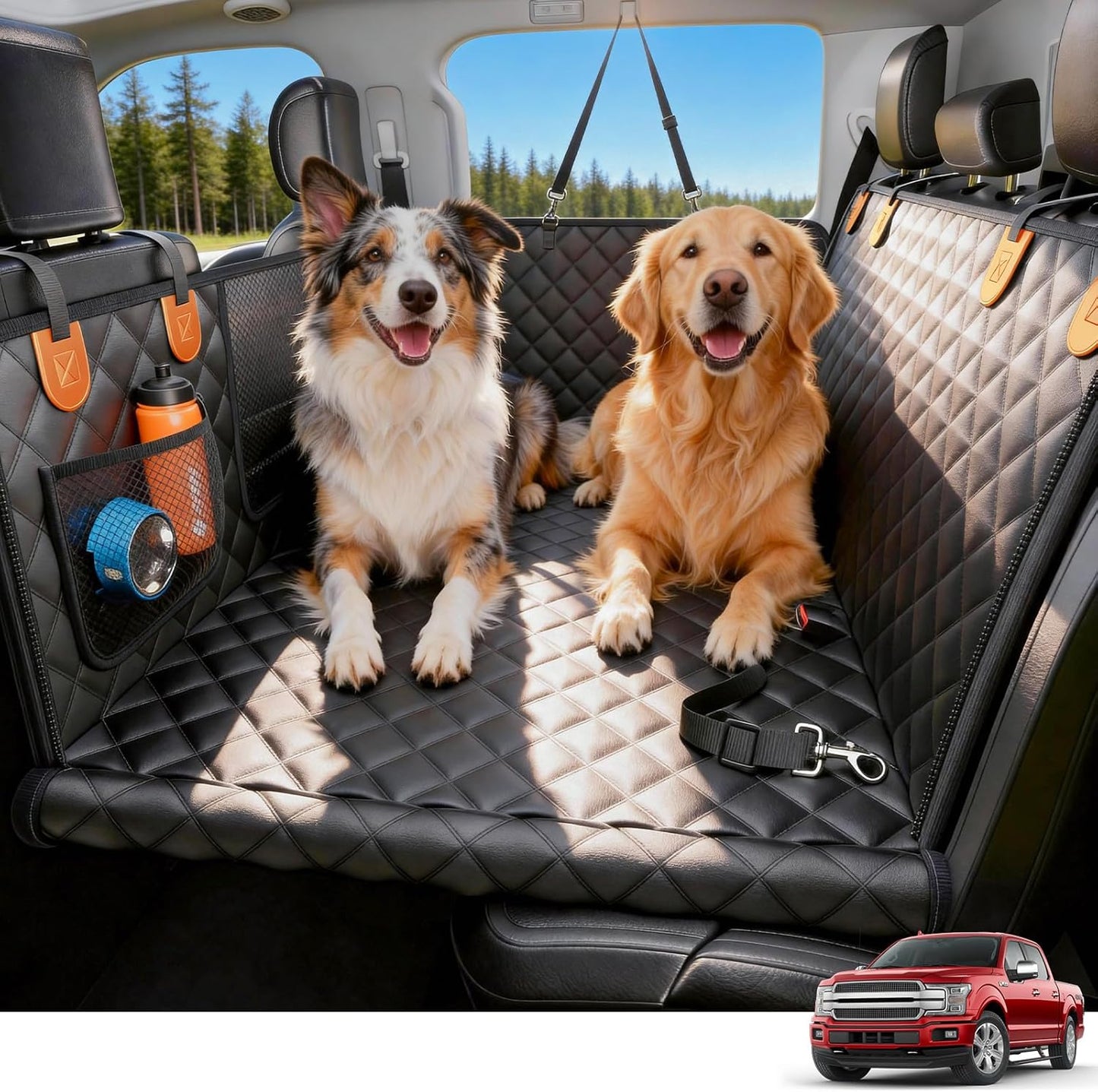 Two dogs sitting on a car bench seat cover with a red car in the corner.