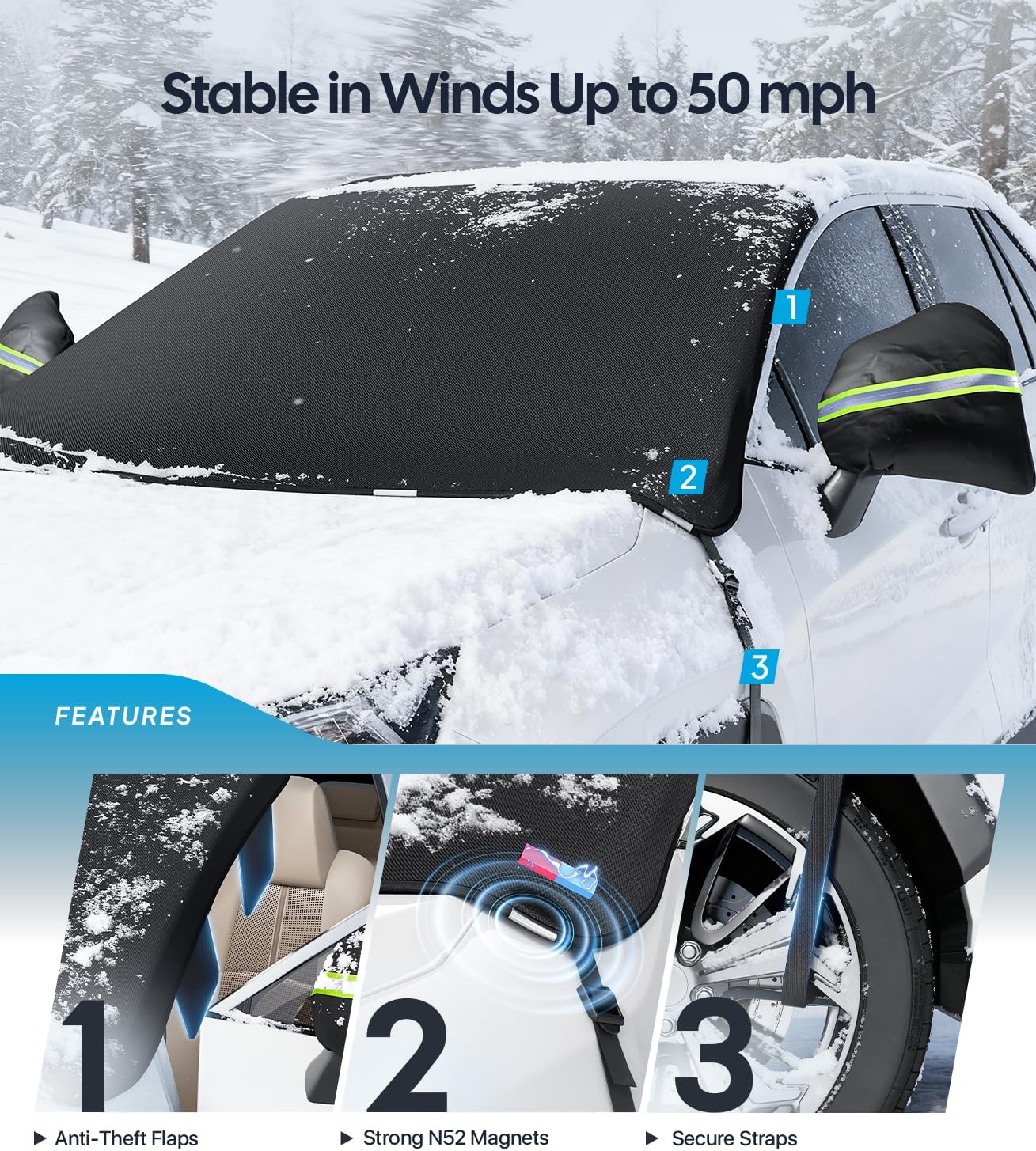 Car windshield cover with features highlighted in a snowy environment