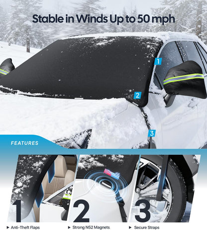Car windshield cover with features highlighted in a snowy environment